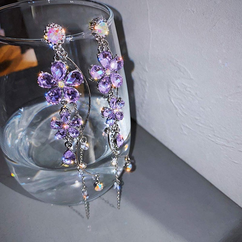 fxmimior Silver Long Flower Earrings Purple Rhinestones Big Dainty Floral Drop Earrings Statement Charm Earring Body Jewelry for Women - Image 5
